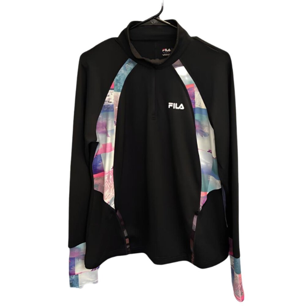 🖤 FILA Black Long Sleeve Athletic Pullover With Colorblock Print – Size L